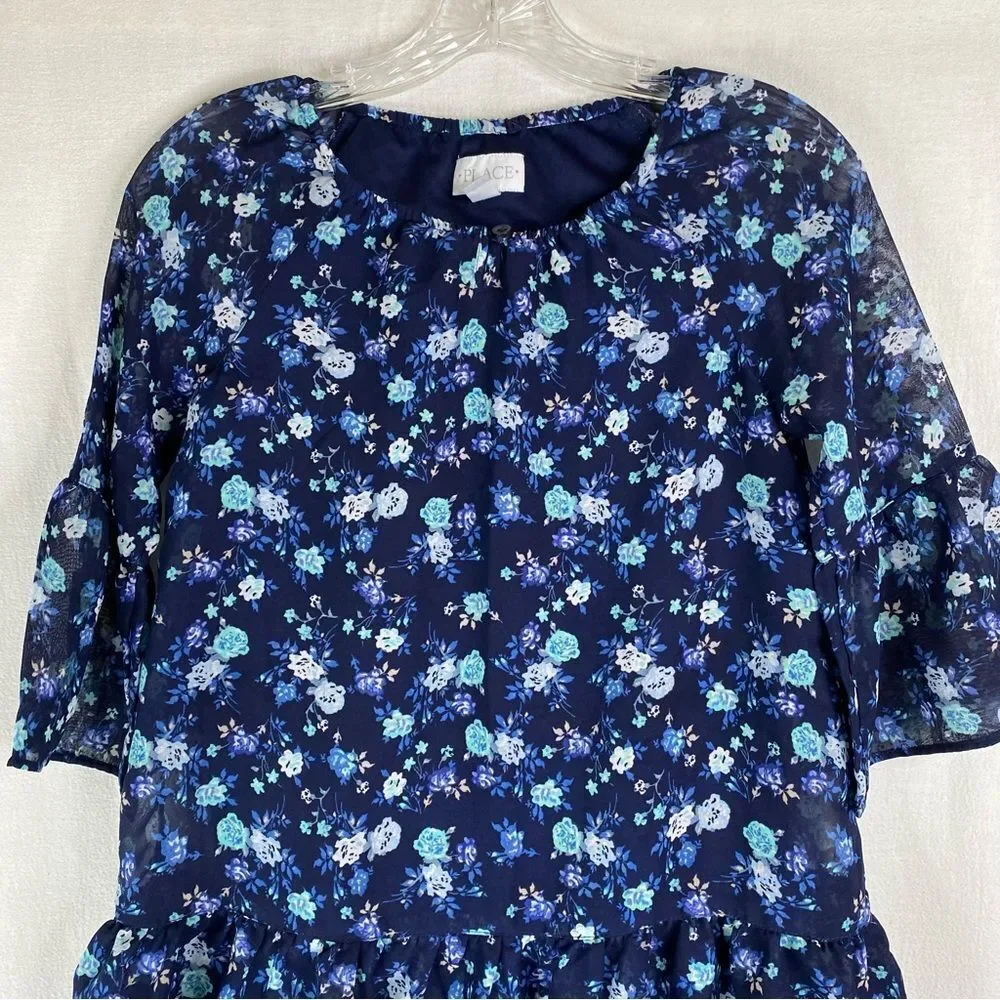5/$25 Children’s Place Blue Floral Sheer Bell Flare Sleeves Tiered Overlay Lined